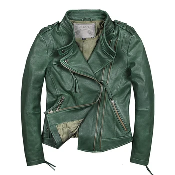 Genuino de la Mujer Real de piel de Oveja de Cuero de la Motocicleta Chaqueta de Abrigo Casual Slim Verde Otoño Invierno jaqueta de couro