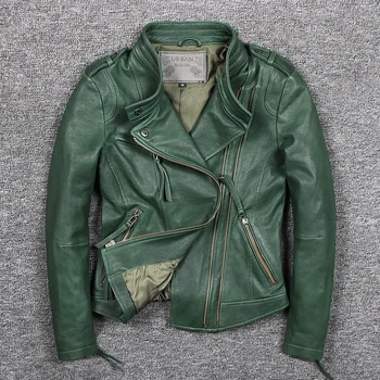 Genuino de la Mujer Real de piel de Oveja de Cuero de la Motocicleta Chaqueta de Abrigo Casual Slim Verde Otoño Invierno jaqueta de couro
