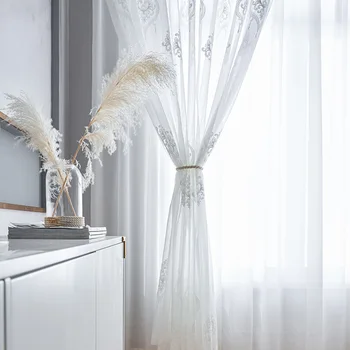 Geométricas simples bordado de tul cortinas para la sala de estar Blanco translúcido Pantallas de balcón en la Cocina #VT