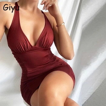 Giyu 2020 Otoño Vestidos De Las Mujeres Sexy Bodycon Delgado Fiesta Del Club Mini Vestido De Cuello En V Con Pliegues Elegantes Fuera Del Hombro Sin Respaldo Vestidos De Rojo