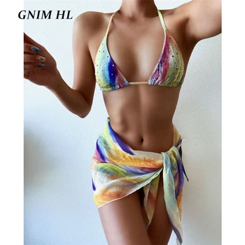 GNIM Sexy Triángulo de Tres Piezas Bikini Set 2020 Verano Vendaje de diamantes de Imitación de Traje de baño de las Mujeres ropa de playa Micro Tanga de trajes de baño Biquini