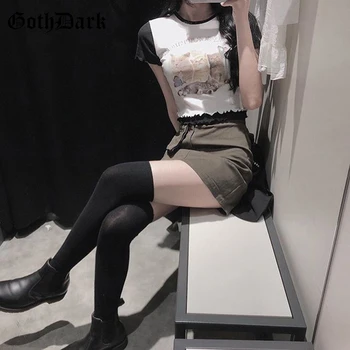 Goth Oscuro Harajuku Estética coreana Mujer T-camisa de Verano de 2020 Gráfico Kawaii Imprimir E-chica Linda Bodycon Volantes Mujeres Crop Tops