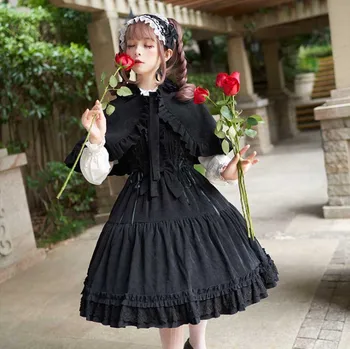 Gothic Lolita Vestido de las Mujeres de la Vendimia del Danubio JSK Delgado de Cintura Alta del Arco Negro Rojo de Pana Vestido Con Manto Para la Virgen de las Niñas Más el Tamaño