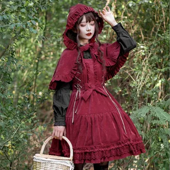 Gothic Lolita Vestido de las Mujeres de la Vendimia del Danubio JSK Delgado de Cintura Alta del Arco Negro Rojo de Pana Vestido Con Manto Para la Virgen de las Niñas Más el Tamaño