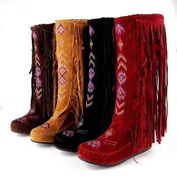 Gran tamaño de 34 a 43 mujeres botas de moda del Bordado de flores de la borla botas de Cuero Nobuck Nación China Estilo Slip-On de la Rodilla botas Altas 20586