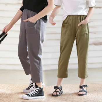 Grandes Chicas de Verano Casual Pantalones de Estilo coreano Cintura Elástica Pantalones de los Niños para las Niñas Breve Niños de Tobillo de Longitud Bolsillo del Pantalón, #1013 9458