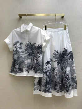 Grandes nombres de verano de las señoras del algodón de la impresión retro elegante blusa camisa + falda plisada traje 2020New de la moda de las señoras de la oficina de camisa + falda