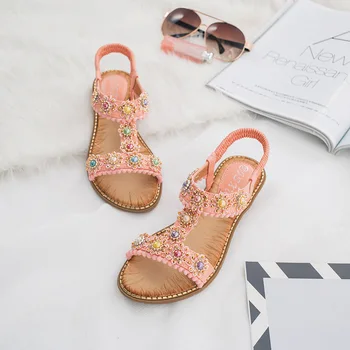 Gykaeo Bohemio Estilo Casual de las Mujeres Sandalias de 2020 la Moda Femenina Dedo del pie Redondo de Cristal de Fondo Plano Zapatos de Playa de las Mujeres Sandalias de Verano