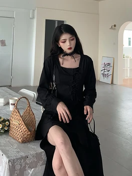 Gótico Vestido de las Mujeres 2020 Otoño Elegante Vintage Vestido Negro de la Moda de Encaje-up Volantes Una línea de manga larga Vestido de Fiesta Ropa de Corea