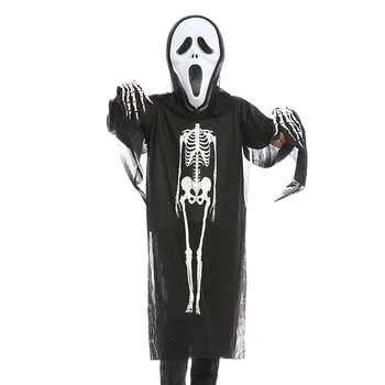 Halloween Padre-Hijo Disfraz de Bruja Cráneo de Terror Juego de Rol para Niños Traje con máscara /blanco hueso guantes