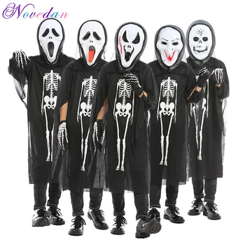 Halloween Padre-Hijo Disfraz de Bruja Cráneo de Terror Juego de Rol para Niños Traje con máscara /blanco hueso guantes