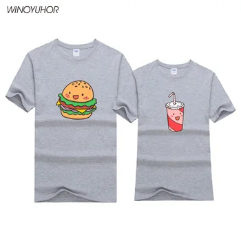 Hamburguesa Bebidas Impreso T-shirt de la Mujer para Hombre Verano de Manga Corta T Camisa de Algodón Par de Coincidencia de los Amantes Divertido Unisex T-shirt