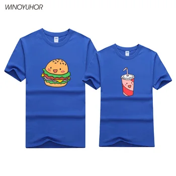 Hamburguesa Bebidas Impreso T-shirt de la Mujer para Hombre Verano de Manga Corta T Camisa de Algodón Par de Coincidencia de los Amantes Divertido Unisex T-shirt