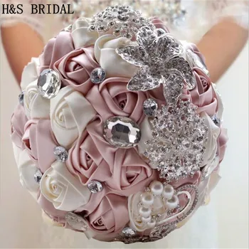 H&S Bouquet de Novia de Raso de novia ramo de flores hecho a Mano de Flores de la Boda de diamante de imitación de Dama de honor Ramo de flores de Cristal de 2020 ramo de mariage