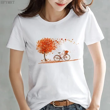 Harajuku de las Mujeres T-shirt de moda O-cuello de los años 90 Muchachas de la Señora Tops Camiseta de hojas Hermosas y bicicletas Impreso Casual Camiseta de las Mujeres