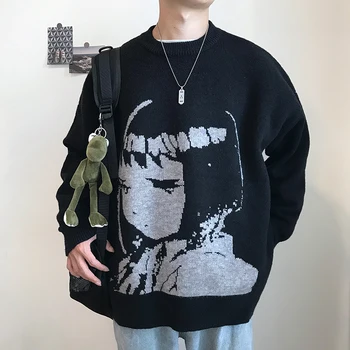 Harajuku Guapo Jersey Suéter de gran tamaño Anime Japonés de dibujos animados de los Hombres del Estilo y la Impresión de las Mujeres Suéter de Punto camisas de manga Larga