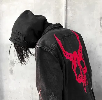 Harajuku Gótico Cazador De Demonios Cráneo Negro Chaqueta De Dril De Algodón De Los Hombres De Rock Punk Heavy Metal Sudadera Sudadera Tirantes Agujero Streetwear