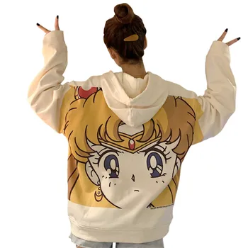 Harajuku Sailor Moon De Impresión De Dibujos Animados Con Capucha De Las Mujeres Suelto Casual Lindo Bolsillo Del Jersey De Manga Larga Tops Ropa Streetwear Sudadera