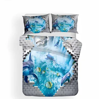 HELENGILI 3D juego de Cama de los Delfines de Impresión Cubierta de Edredón Conjunto de Ropa de cama con funda de Almohada de Cama Conjunto de Textiles para el Hogar #TA-154