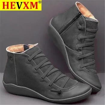 HEVXM 2021 Mujeres Zapatos Cómodos Chaussure Homme Casual Plana Botas de las Mujeres de Cuero de Microfibra Invierno Otoño Senderismo Botas de Tobillo 52846