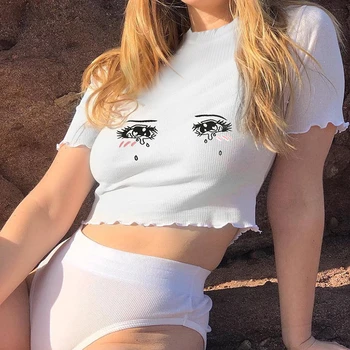 Hirigin de las Nuevas Mujeres de Camisetas Blancas de Verano Slim Acanalado 'Crop Tops' las Lágrimas del Ojo de Impresión de Camisetas Casual de Manga Corta O-Cuello de camisetas para las Mujeres