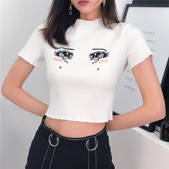 Hirigin de las Nuevas Mujeres de Camisetas Blancas de Verano Slim Acanalado 'Crop Tops' las Lágrimas del Ojo de Impresión de Camisetas Casual de Manga Corta O-Cuello de camisetas para las Mujeres