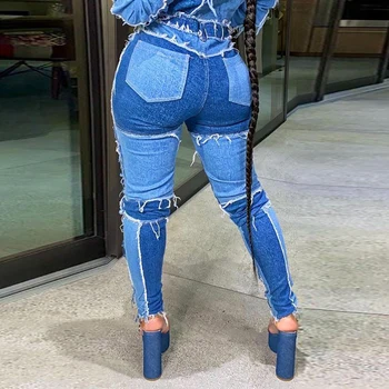 Hirigin Sexy de Retazos de Jeans Con bolsillos de las Mujeres de Cintura Alta del Lápiz Pantalones de Mezclilla Femenina de Hip Hop Ropa Casual Botón calça Jeans