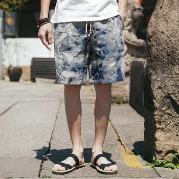 Hombres pantalones Cortos de Algodón Japonés Casual Hip-Hop Impresión de Cordón pantalones Cortos de Verano de la Calle Suelta Recta Cómodos pantalones Cortos de los Hombres M-5XL