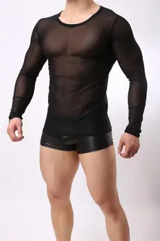 Hombres Sexy Malla de Manga Larga con Camisa Tramo de camiseta de Deporte de Jogging, Gimnasio Licra Ropa Transpirable camiseta interior