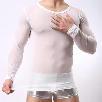 Hombres Sexy Malla de Manga Larga con Camisa Tramo de camiseta de Deporte de Jogging, Gimnasio Licra Ropa Transpirable camiseta interior