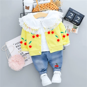 HYLKIDHUOSE de las Niñas de Bebé Conjuntos de Ropa 2020 Otoño de Encaje Cereza Capas de la Camisa de los pantalones Vaqueros Bebé Recién nacido Ropa de Niños Ropa Casual