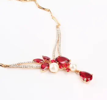 Imitado Perla de la Joyería de la Boda Conjuntos para Mujer de Novia Rojo Cristal de Circón Color Oro Aretes Collares de Declaración Conjuntos de Joyas 5250
