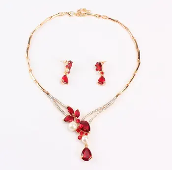 Imitado Perla de la Joyería de la Boda Conjuntos para Mujer de Novia Rojo Cristal de Circón Color Oro Aretes Collares de Declaración Conjuntos de Joyas
