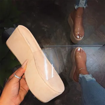 Impermeable de la plataforma de tacón alto de PVC de la primavera verano de las nuevas mujeres al aire libre, sandalias de playa de la impresión en color antideslizante durable zapatillas de damas