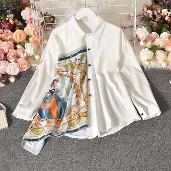 Impresión Del Vintage Camisetas De Las Mujeres Irregulares Suelto Coreano De La Moda De La Ropa De Otoño Harajuku Camisa Otoño Blusa Streetwear Tops Blusas