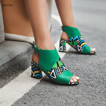 Impresión elegante de las Mujeres Sandalias Botas Peep Toe de la hebilla de la correa de Verano del Alto Talón Zapatos de fiesta Mujer Amarillo Verde sandalias mujer h102