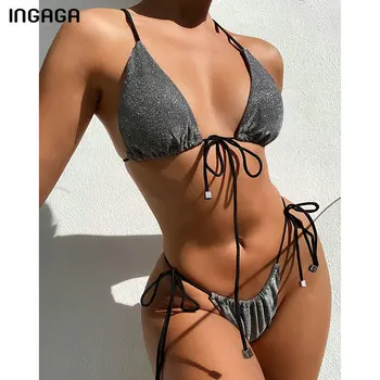 INGAGA Brillante de las Mujeres Trajes de baño Bikini de la Correa del Halter de trajes de baño de Mirco de la Correa de Biquini Cuerda Anudada Trajes de Baño 2021 Nueva ropa de playa