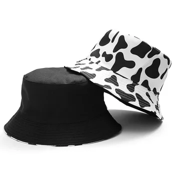 Ins Lindo Reversible Negro Vaca Blanca De Impresión De Cubeta Sombreros De Las Mujeres De Los Hombres De Moda De Verano De Sol Sombrero Gorra De Pescador De Viaje Gorras Panamá