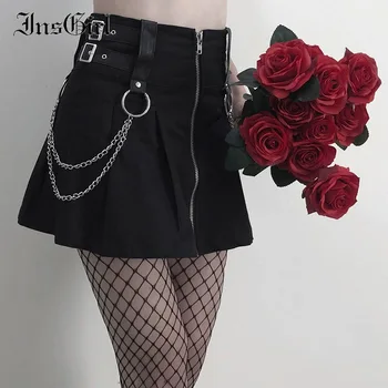 InsGirl Goth Punk Oscuro Negro de la Falda de Mujeres Sexy Cintura Alta cierre de Cremallera con la Cadena de Una línea de Mini Falda Ropa Casual Y2k E-chica Faldas