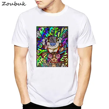 Investigación psicodélica de Voluntarios de Camiseta de los Hombres Funky Colorido Trippy Cráneo de Impresión t-shirt Masculina de la Vendimia de la Camiseta de la ilusoria superior tees