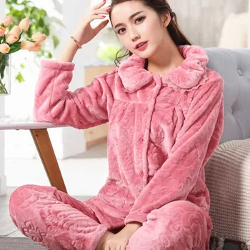 Invierno de Franela Caliente de las Mujeres Conjuntos de Pijamas de Manga Larga ropa de dormir Pijamas Conjunto para Niña Pijama Grueso de Coral de Terciopelo Camisón