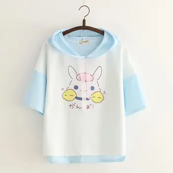 Japonés Harajuku Kawaii Conejo Camiseta De Niñas Coreano Lindo Conejito Casual Tops De Verano De Manga Corta De Mujer Camiseta De Las Mujeres Ropa De Color Rosa 90