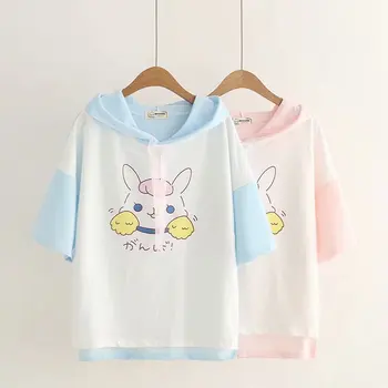Japonés Harajuku Kawaii Conejo Camiseta De Niñas Coreano Lindo Conejito Casual Tops De Verano De Manga Corta De Mujer Camiseta De Las Mujeres Ropa De Color Rosa 90