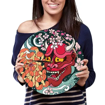 Japonés Peonía Flor De Acrílico Del Reloj De Pared Gótico Rojo Oni Máscara De Demonio Impreso Reloj De Japón Sherpa Mal Muerte Roja Reloj De La Decoración