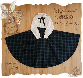 Japón Estilo Lolita Mori Girl Británica Falso De Dos Piezas Vestido De Las Mujeres De Largo Casual Plaid Vestido De Otoño Femenino Vestido Maxi Vestido Tunique