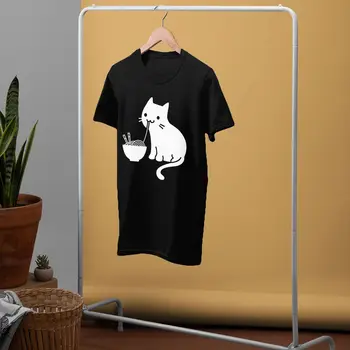 Japón Gato Camiseta Lindo Gato Comiendo Ramen T-Shirt Graphic Casual de la Camiseta de Algodón de la Diversión Masculina 3xl Camiseta