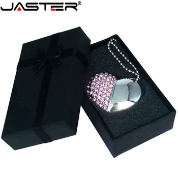 JASTER Flash USB 2.0 Unidad de Cristal de Corazón de amor +cuadro de la impulsión de la pluma de la piedra preciosa 4G/ 8G/ 16G/ 32G /diamante memory stick regalo de boda