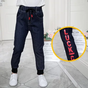Jeans Para Niñas Primavera Otoño coreano Impresión Casual Jeans Cálida Carta de Jeans Para Niños Slim-fit pantalones abrigados de 4 a 14 Años