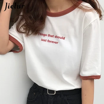 Jielur Harajuku Carta Impreso T-shirt de las Mujeres Simples Vintage Hipster de la Calle College Camiseta de Mujer de corea del Estilo Chic Roupas Feminina