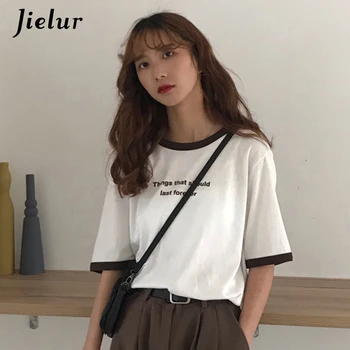 Jielur Harajuku Carta Impreso T-shirt de las Mujeres Simples Vintage Hipster de la Calle College Camiseta de Mujer de corea del Estilo Chic Roupas Feminina